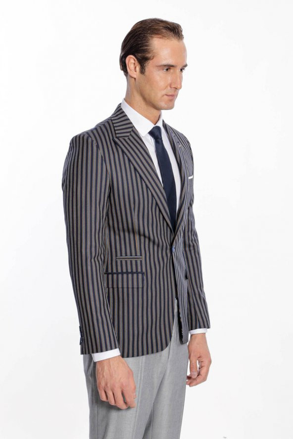 Çizgili Koyu Slim Fit Lacivert Erkek Ceket - 8