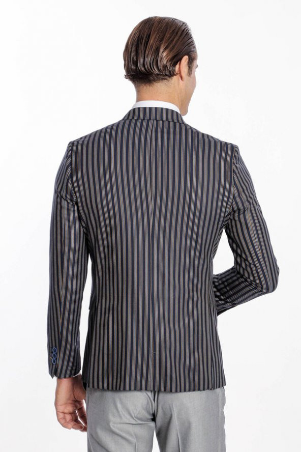 Çizgili Koyu Slim Fit Lacivert Erkek Ceket - 10