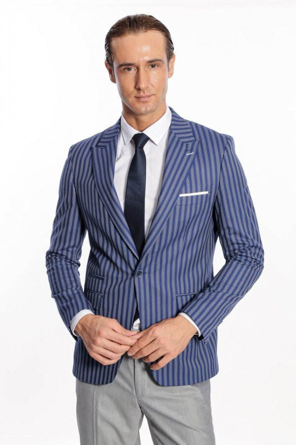 Çizgili Slim Fit Mavi Erkek Ceket