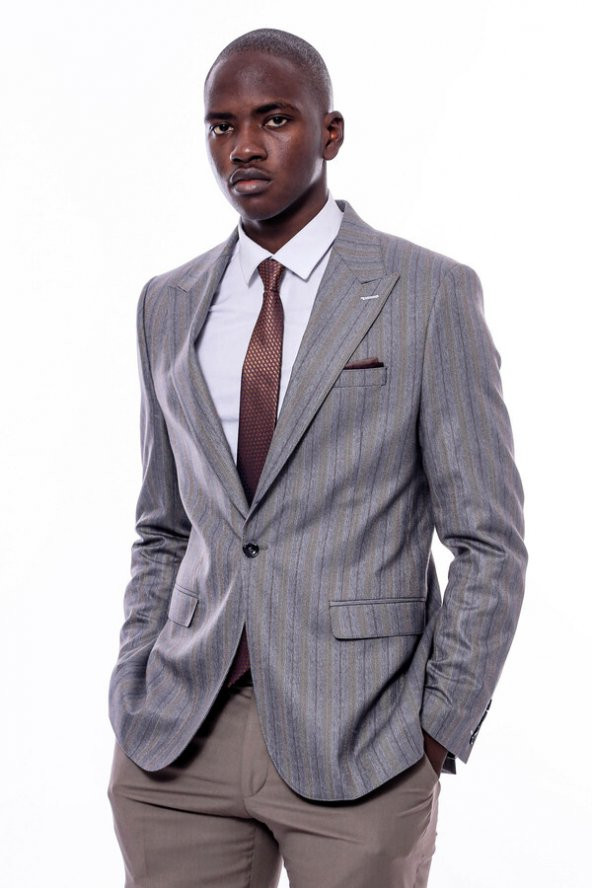 Ekose Çizgili Slim Fit Gri Erkek Ceket - 5