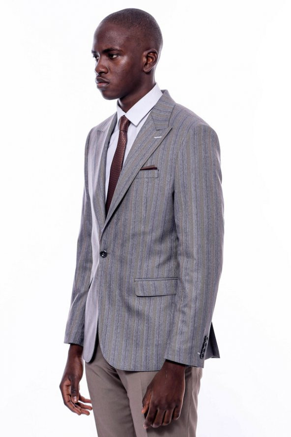 Ekose Çizgili Slim Fit Gri Erkek Ceket - 7