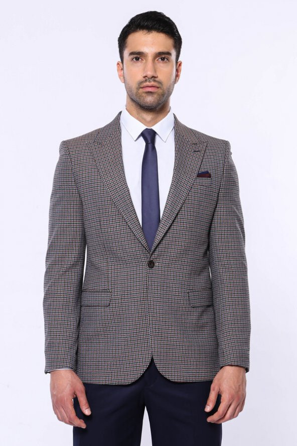 Pöti Kare Slim Fit Kahverengi Erkek Ceket - 5