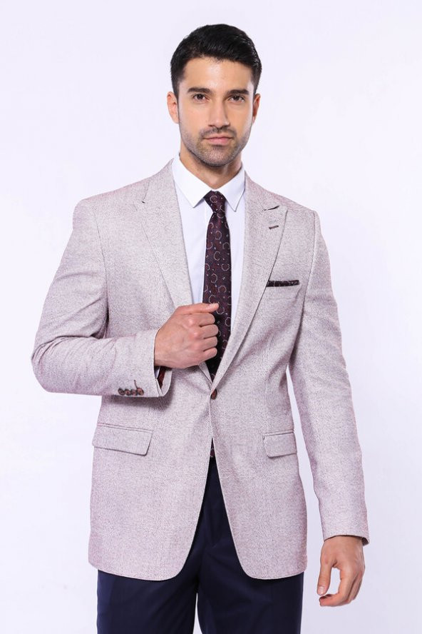 Kendinden Desenli Slim Fit Bordo Ceket - 4