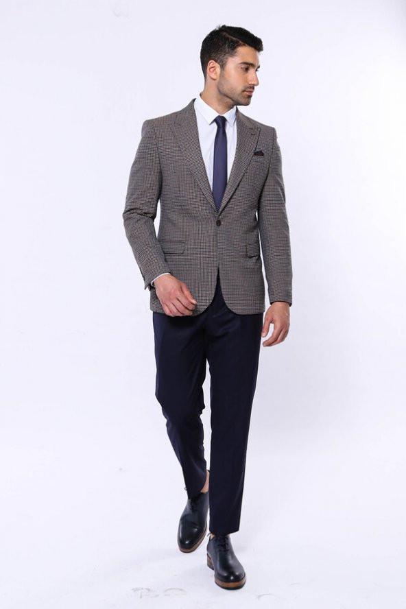 Pöti Kare Slim Fit Kahverengi Erkek Ceket - 4