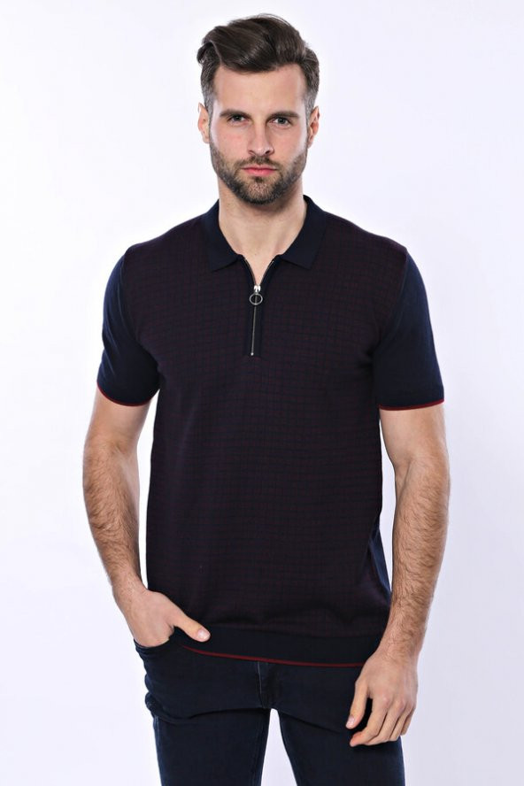 Polo Yaka Koyu Lacivert Desenli Fermuarlı Örme T-shirt  Wessi - 2
