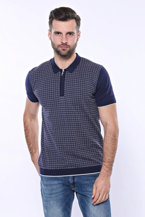 Polo Yaka Lacivert Desenli Fermuarlı Örme T-shirt  Wessi - 2