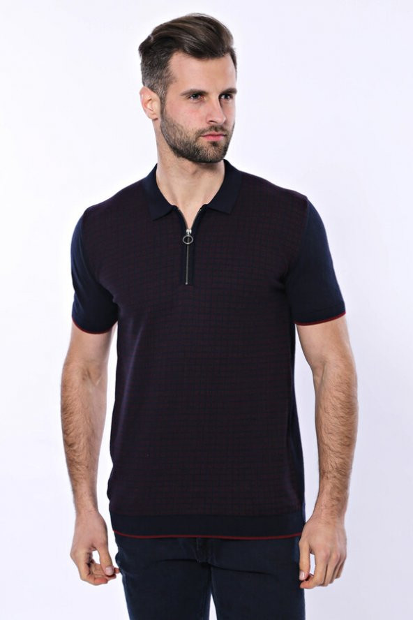 Polo Yaka Koyu Lacivert Desenli Fermuarlı Örme T-shirt  Wessi - 3