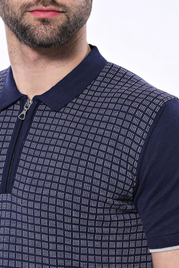 Polo Yaka Lacivert Desenli Fermuarlı Örme T-shirt  Wessi - 3