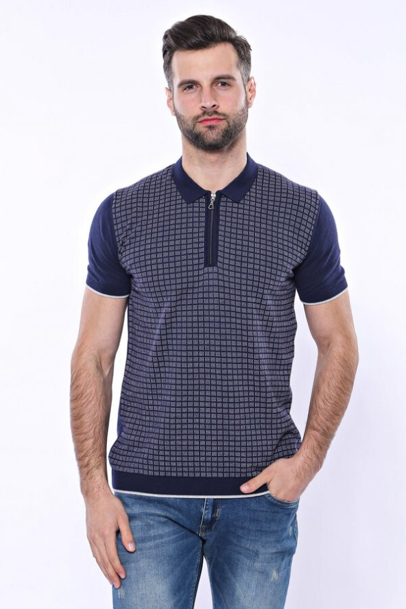 Polo Yaka Lacivert Desenli Fermuarlı Örme T-shirt  Wessi - 4