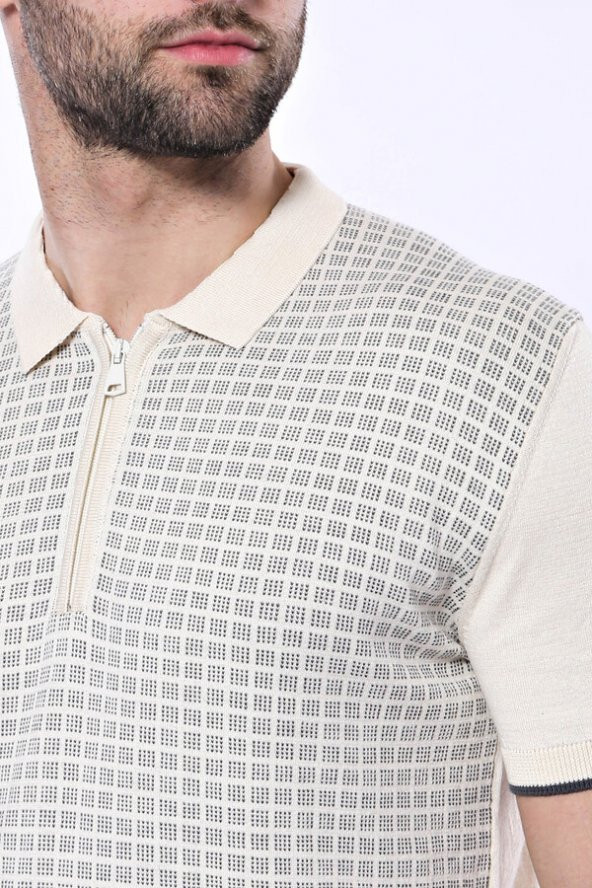 Polo Yaka Krem Desenli Fermuarlı Örme T-shirt  Wessi - 3