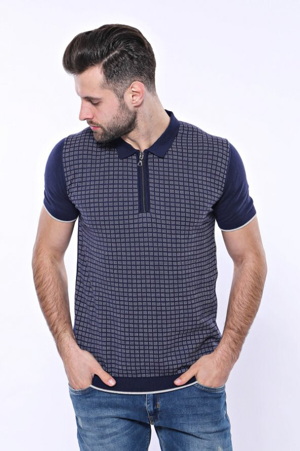 Polo Yaka Lacivert Desenli Fermuarlı Örme T-shirt  Wessi - 5