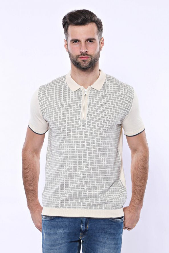 Polo Yaka Krem Desenli Fermuarlı Örme T-shirt  Wessi - 4