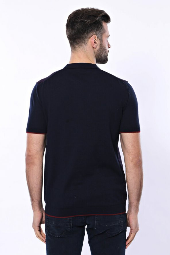 Polo Yaka Koyu Lacivert Desenli Fermuarlı Örme T-shirt  Wessi - 6