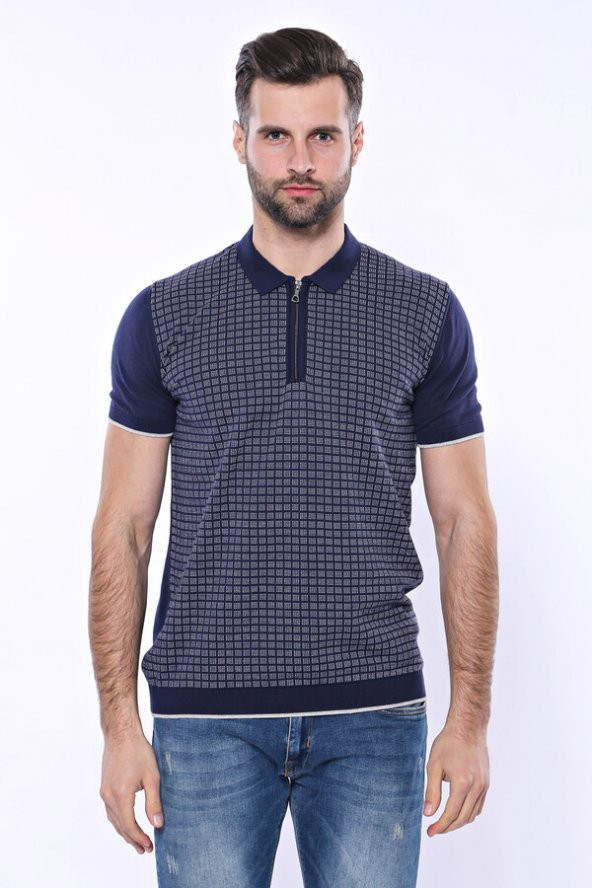 Polo Yaka Lacivert Desenli Fermuarlı Örme T-shirt  Wessi - 6