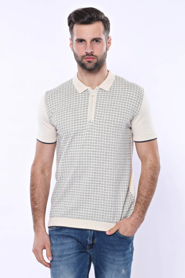 Polo Yaka Krem Desenli Fermuarlı Örme T-shirt  Wessi - 5
