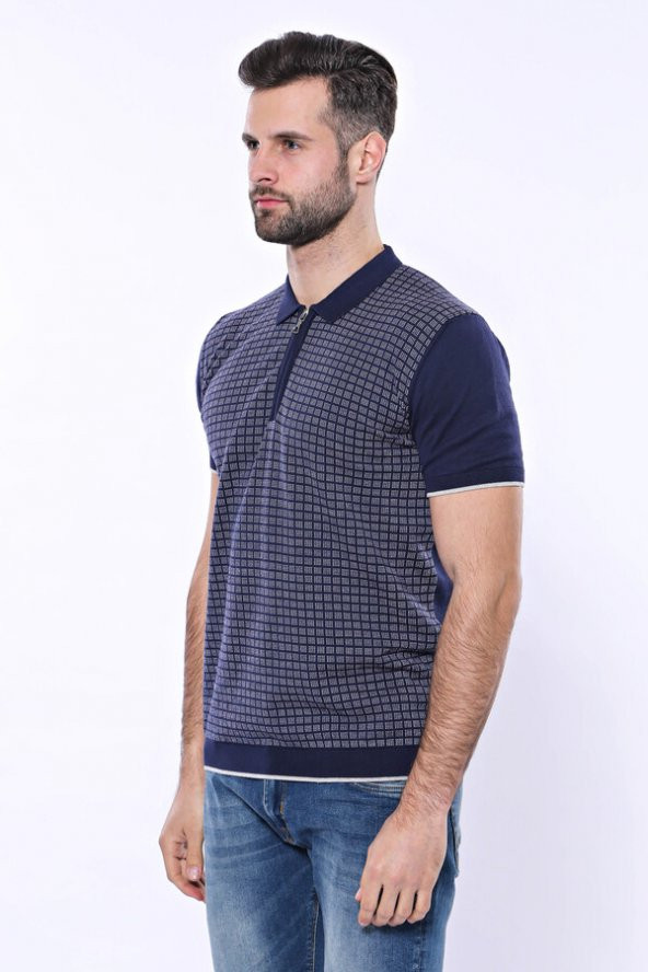 Polo Yaka Lacivert Desenli Fermuarlı Örme T-shirt  Wessi - 7