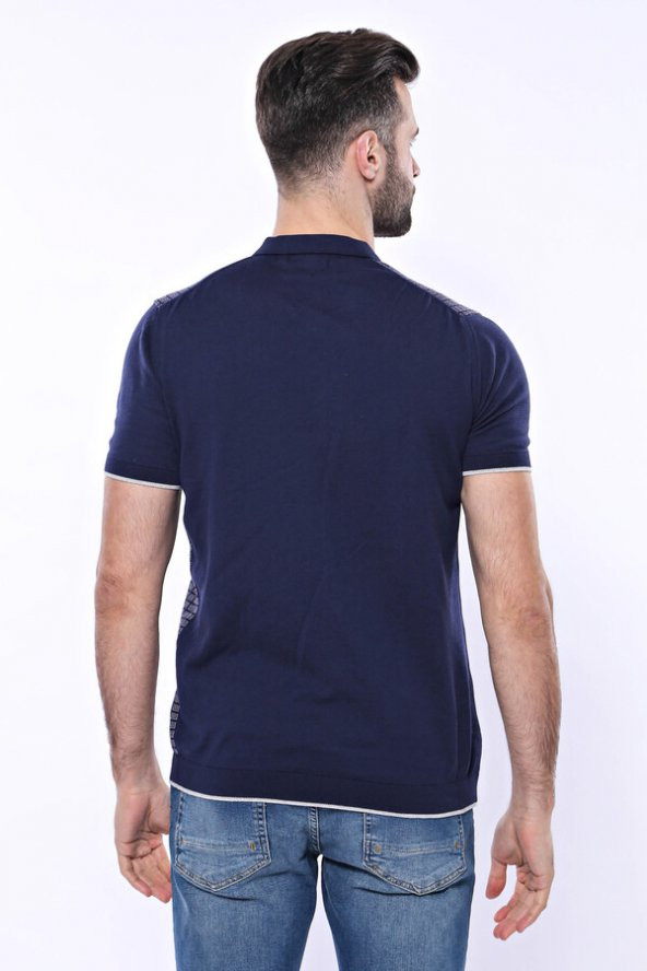 Polo Yaka Lacivert Desenli Fermuarlı Örme T-shirt  Wessi - 8