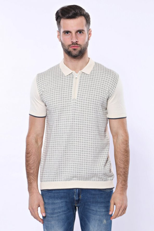 Polo Yaka Krem Desenli Fermuarlı Örme T-shirt  Wessi - 6