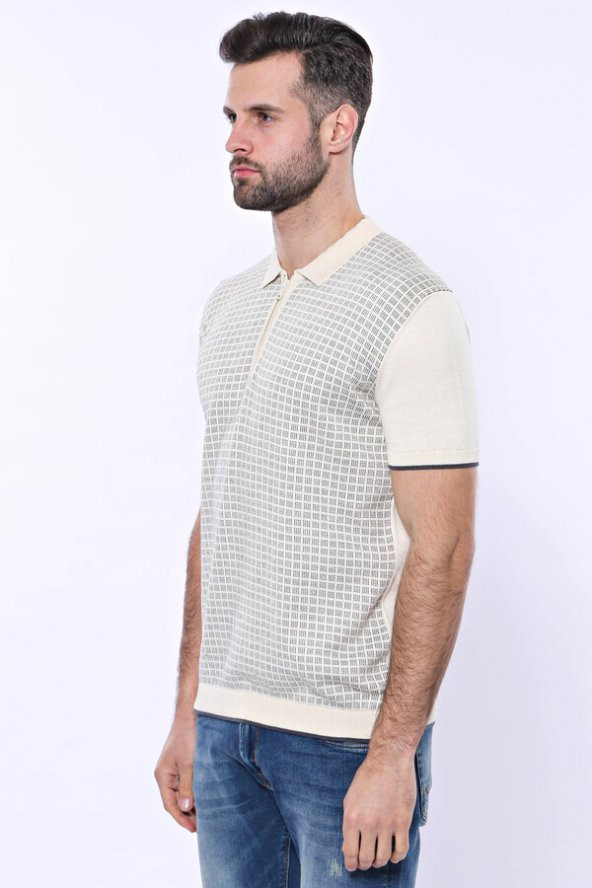 Polo Yaka Krem Desenli Fermuarlı Örme T-shirt  Wessi - 7