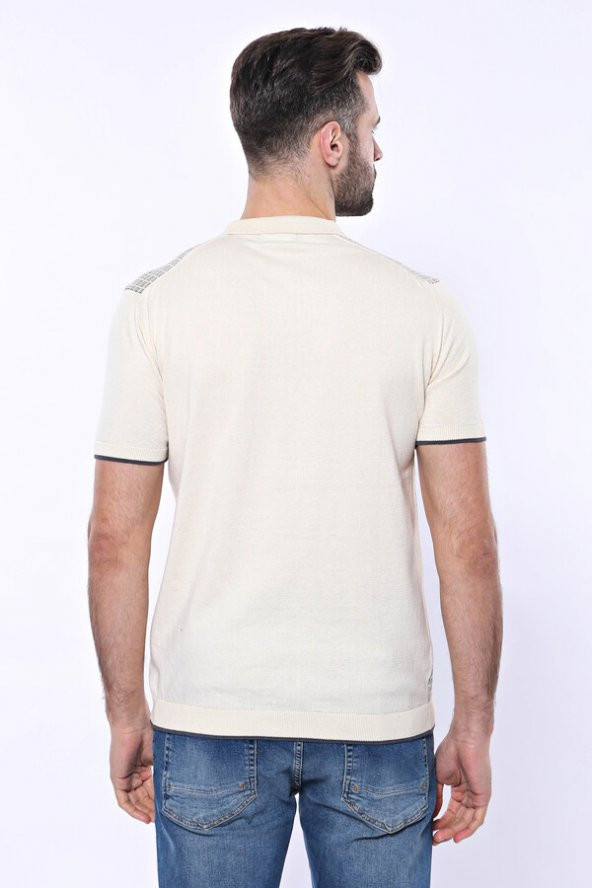 Polo Yaka Krem Desenli Fermuarlı Örme T-shirt  Wessi - 8