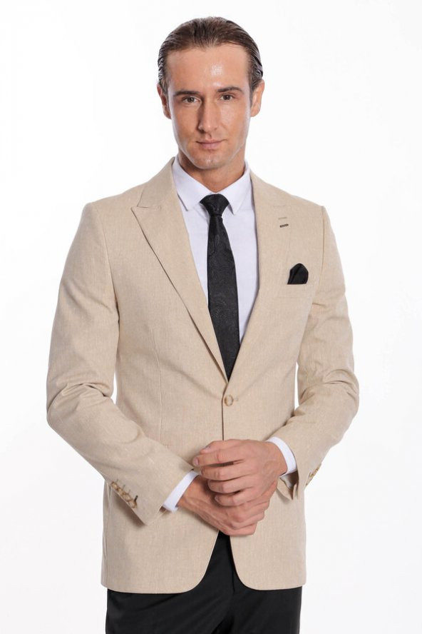 Slim Fit Sivri Yaka Bej Erkek Ceket - 3