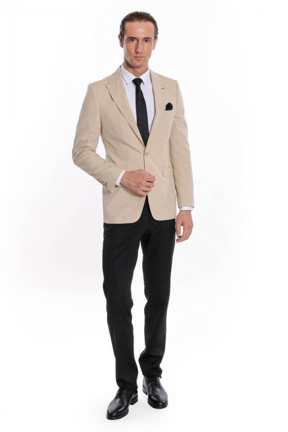 Slim Fit Sivri Yaka Bej Erkek Ceket - 8