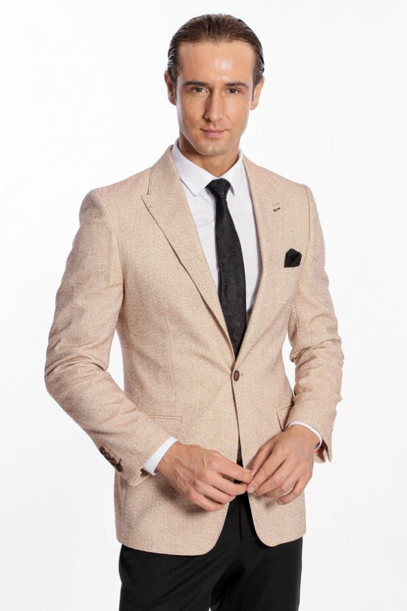Kendinden Desenli Slim Fit Açık Sarı Erkek Ceket