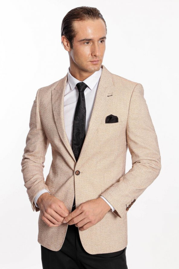 Kendinden Desenli Slim Fit Açık Sarı Erkek Ceket - 7