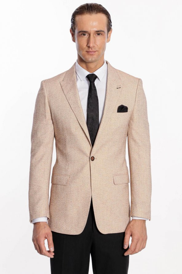 Kendinden Desenli Slim Fit Açık Sarı Erkek Ceket - 8