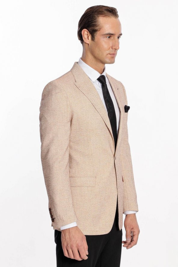 Kendinden Desenli Slim Fit Açık Sarı Erkek Ceket - 9
