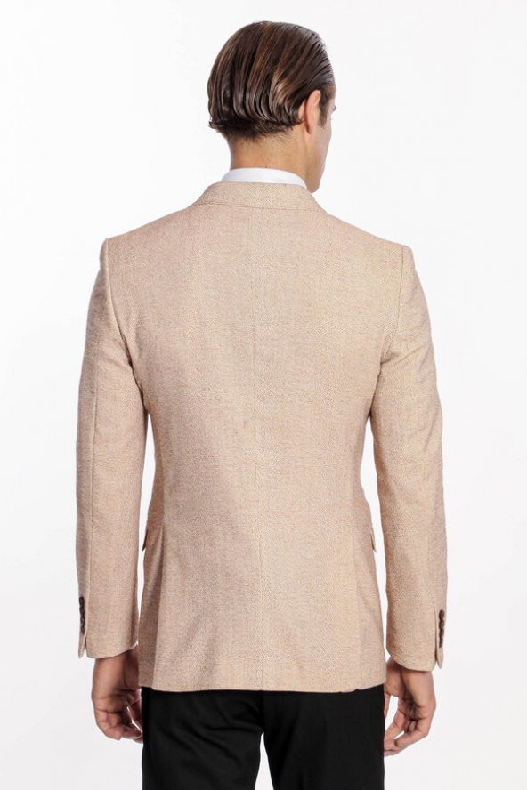 Kendinden Desenli Slim Fit Açık Sarı Erkek Ceket - 10