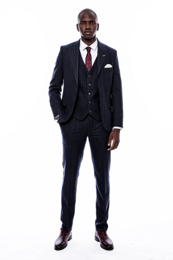 Çizgili Yelekli Lacivert Slim Fit Takım Elbise - 3