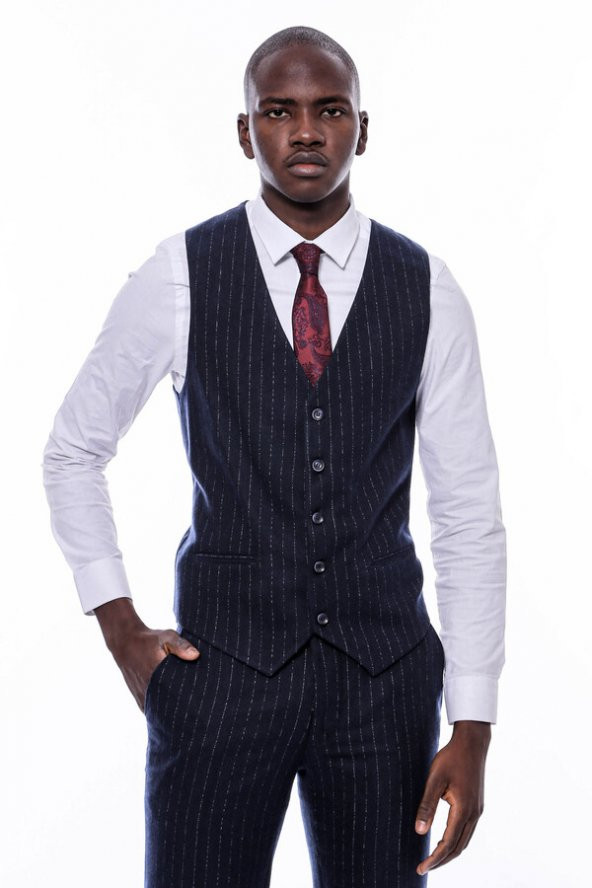 Çizgili Yelekli Lacivert Slim Fit Takım Elbise - 5