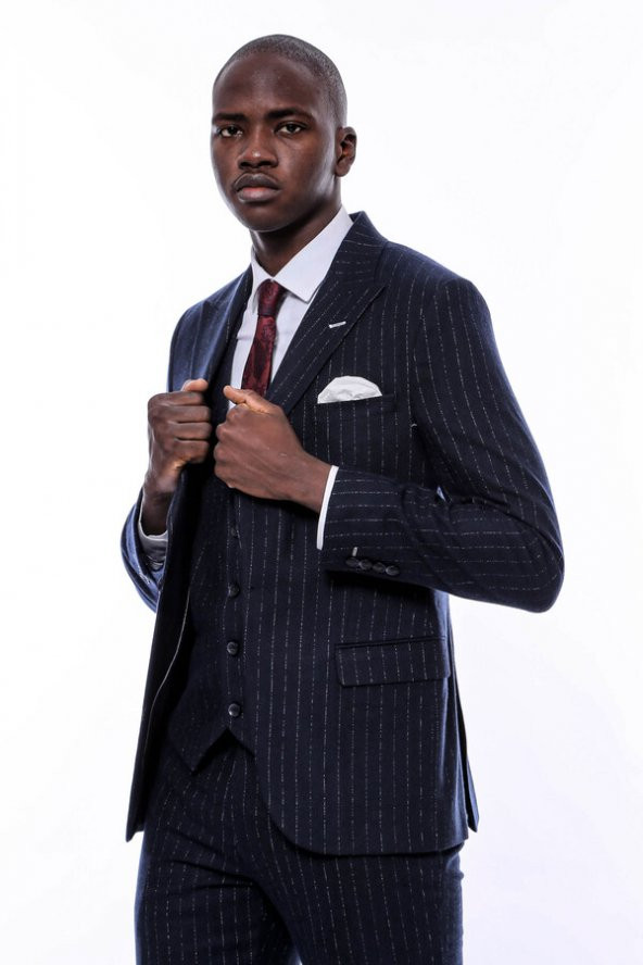 Çizgili Yelekli Lacivert Slim Fit Takım Elbise - 6