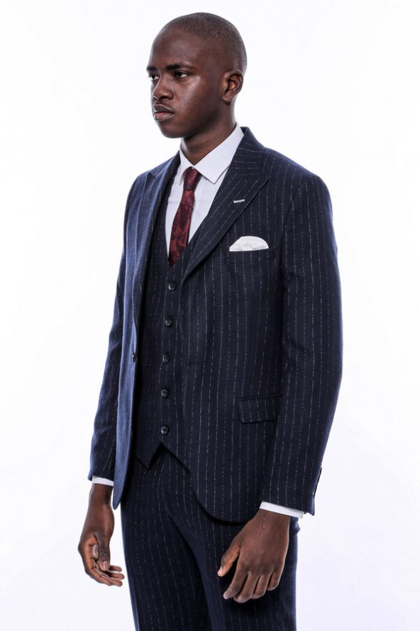 Çizgili Yelekli Lacivert Slim Fit Takım Elbise - 10