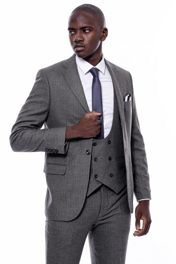 Çizgili Kruvaze Yelekli Slim Fit Takım Elbise - 4