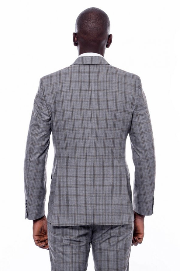 Ekose Desen Slim Fit Gri Erkek Takım Elbise - 3