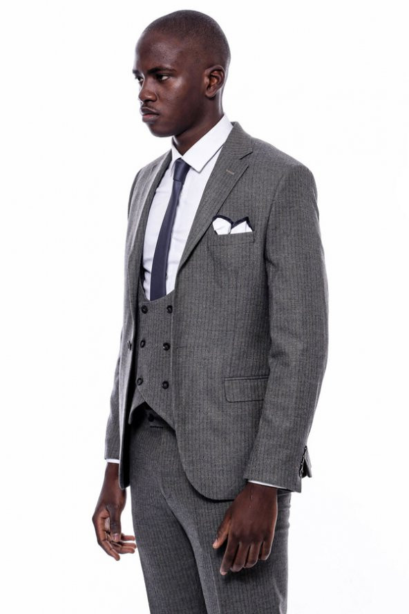 Çizgili Kruvaze Yelekli Slim Fit Takım Elbise - 9