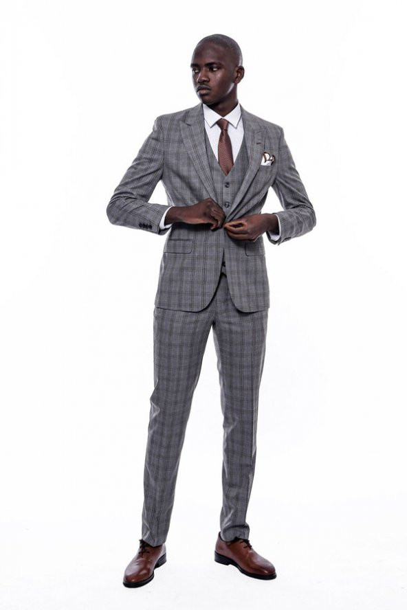 Ekose Desen Slim Fit Gri Erkek Takım Elbise