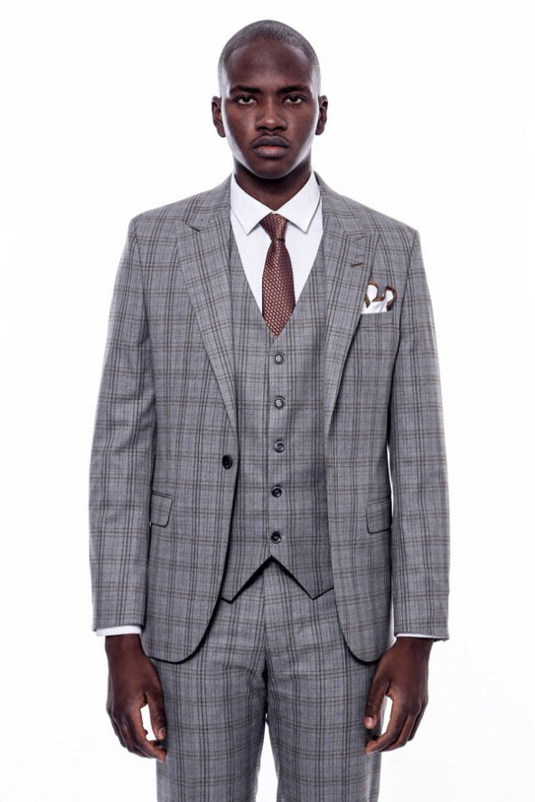 Ekose Desen Slim Fit Gri Erkek Takım Elbise - 6