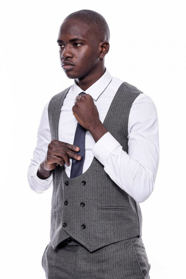Çizgili Kruvaze Yelekli Slim Fit Takım Elbise - 8
