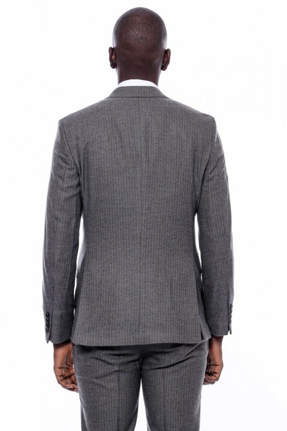 Çizgili Kruvaze Yelekli Slim Fit Takım Elbise - 10