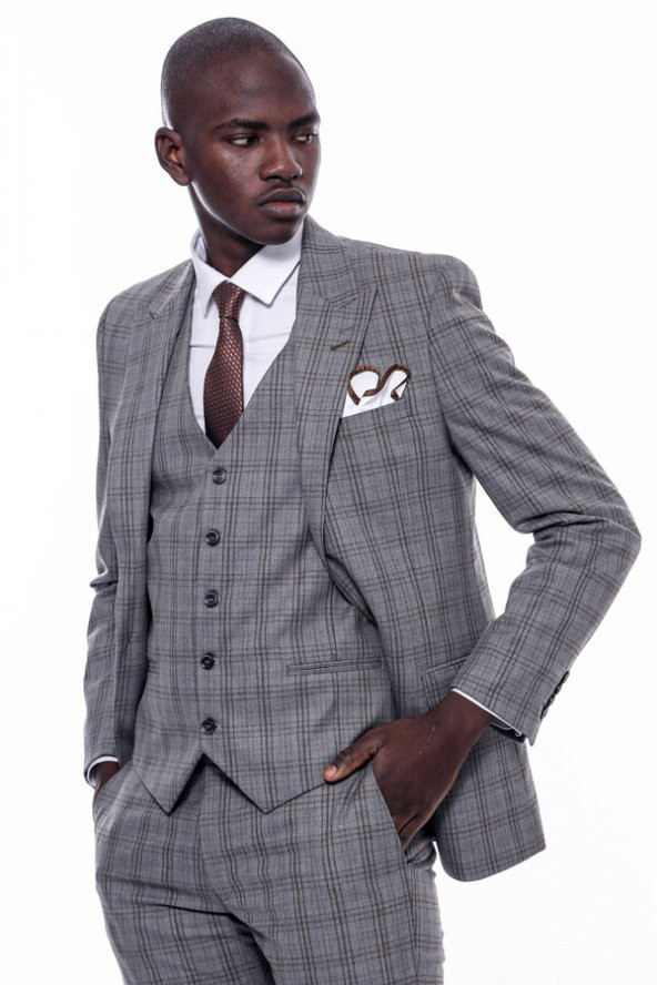 Ekose Desen Slim Fit Gri Erkek Takım Elbise - 8