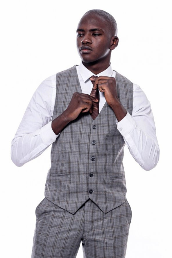 Ekose Desen Slim Fit Gri Erkek Takım Elbise - 10