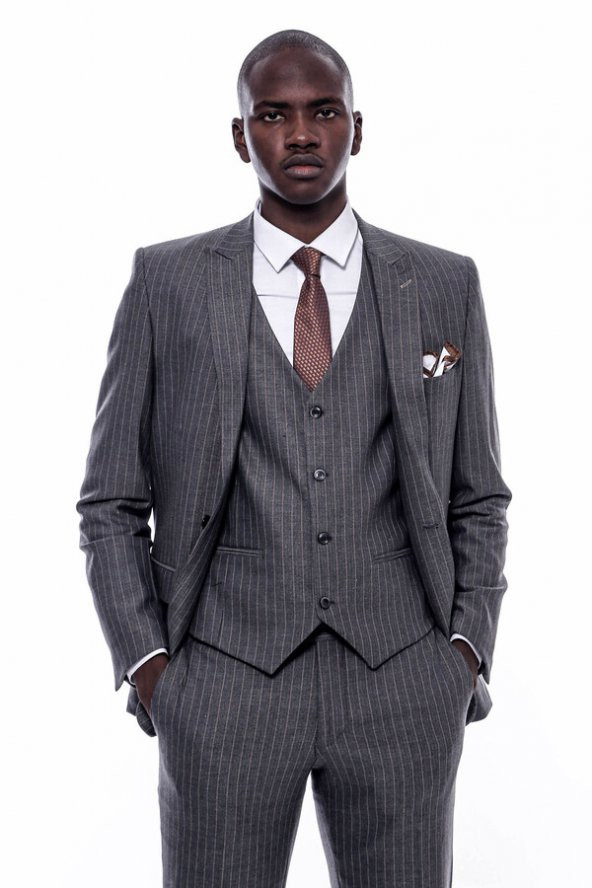 Çizgili Slim Fit Antrasit Erkek Takım Elbise - 2