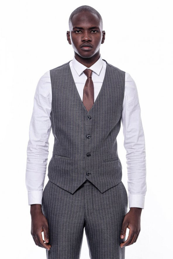 Çizgili Slim Fit Antrasit Erkek Takım Elbise - 3