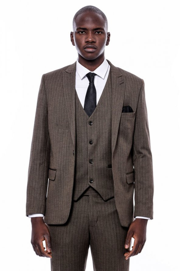 Çizgili Slim Fit Kahverengi Erkek Takım Elbise - 8
