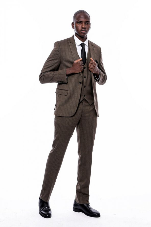 Çizgili Slim Fit Kahverengi Erkek Takım Elbise - 4