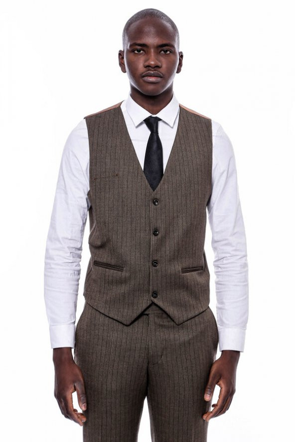 Çizgili Slim Fit Kahverengi Erkek Takım Elbise - 5