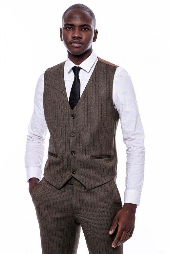 Çizgili Slim Fit Kahverengi Erkek Takım Elbise - 6